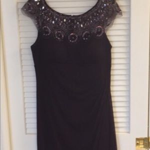 Xscape cap sleeve long illusion beaded gown
